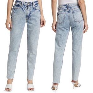 Frame Le Piper Straight Leg Jeans Richlake Light Blue Acid Wash Raw Hem Size 26